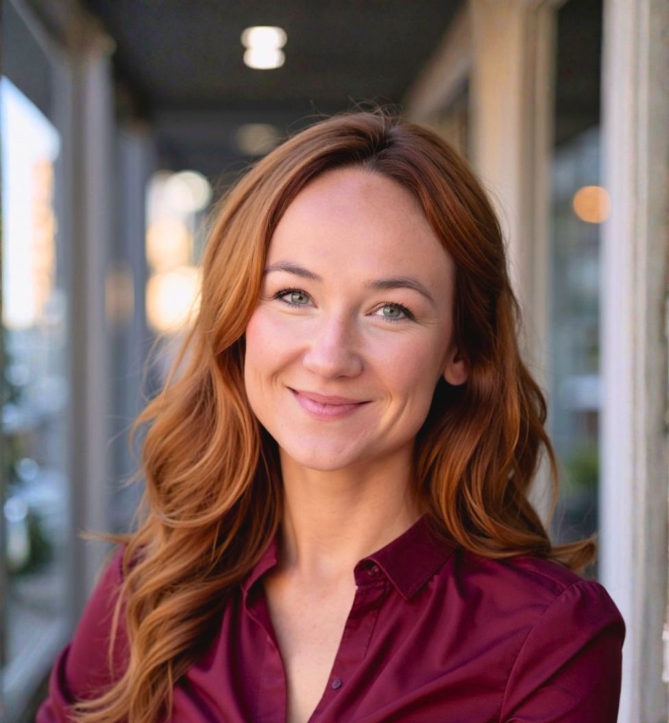 woman in red button up shirt, and orange hair in an office