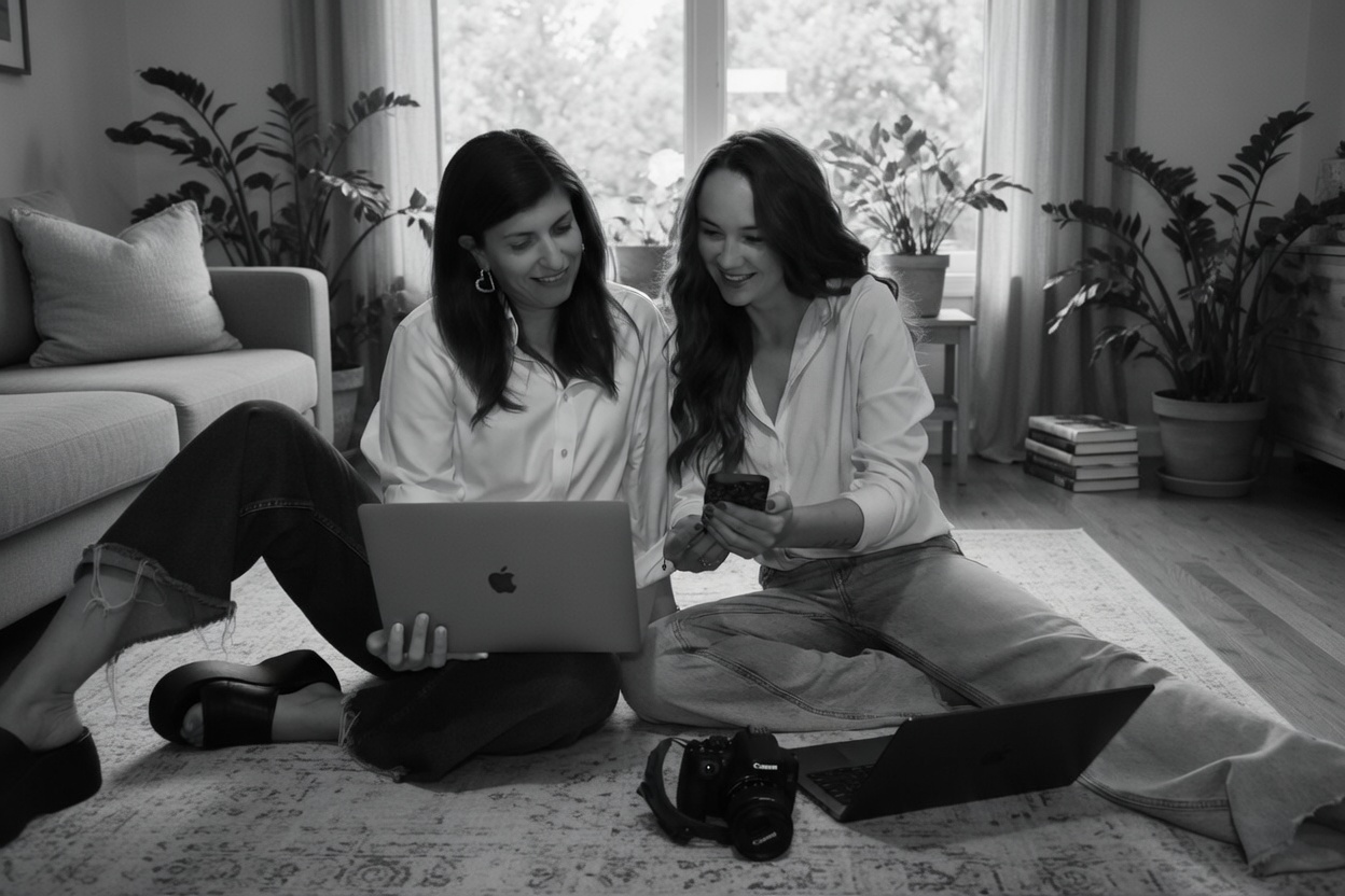 Two founders sitting on a living room floor going over marketing strategy on devices