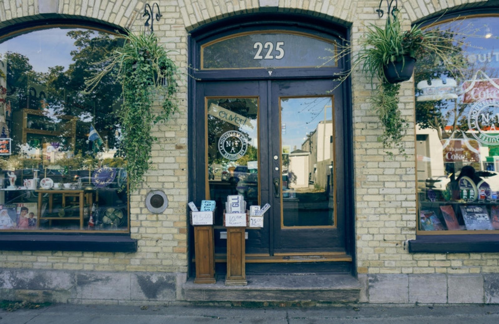 Local small business storefront with plants and window displays