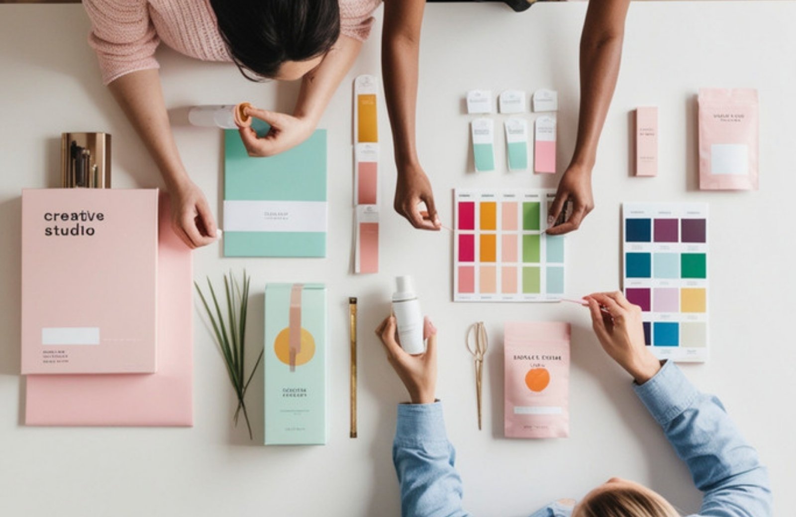 Designers reviewing color swatches and packaging for a brand refresh