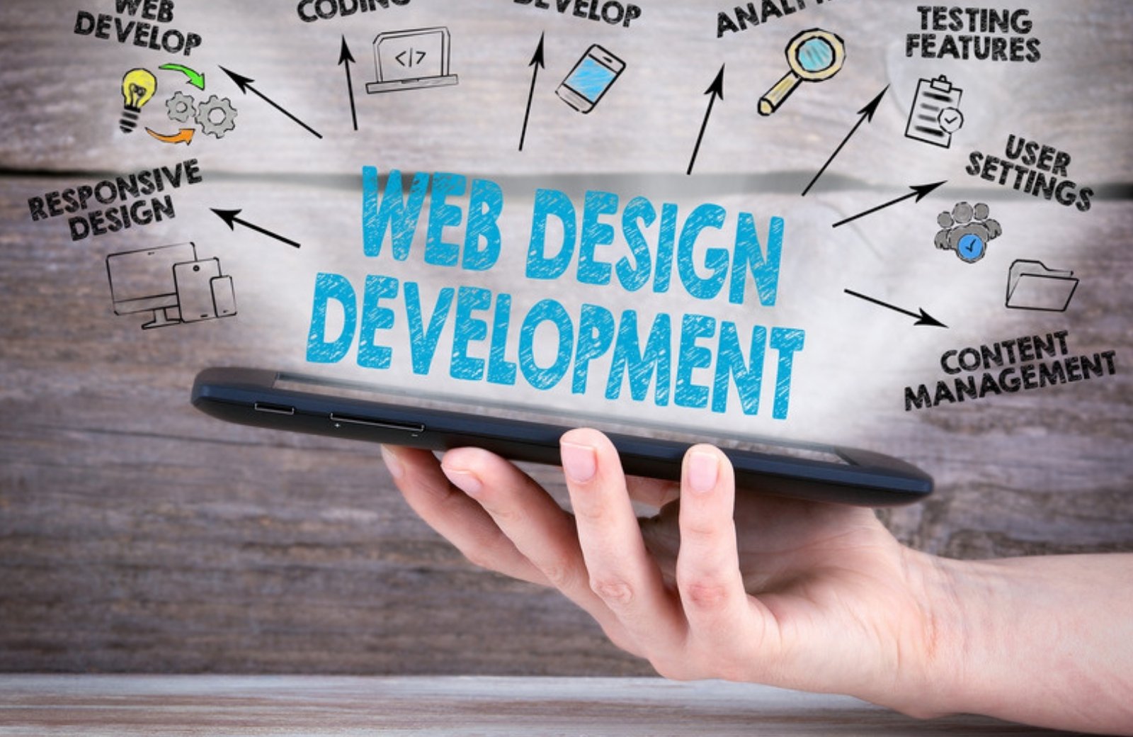 Tablet with web design and development concept sketches